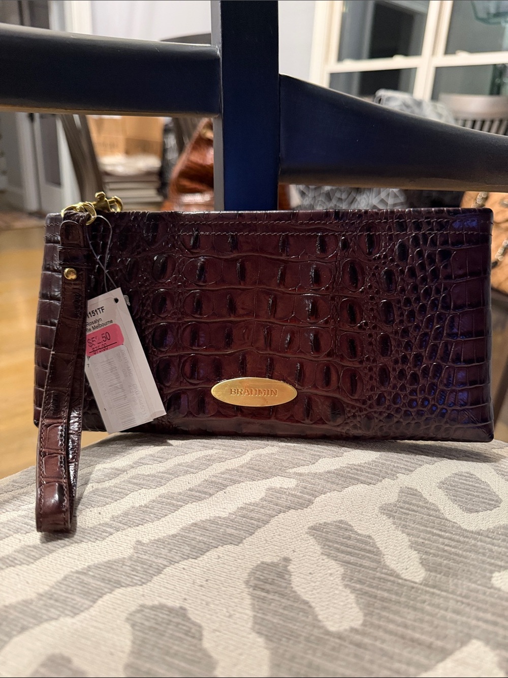 Brahmin Brown Croc-Embossed Wristlet with Gold Plaque - NWT